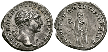 Римская Империя денарий 103 - 111 Траян COS V PP SPQR OPTIMO PRINC Спея, персонификация Надежды Рим Good Very fine RIC 127 серебро 1073-4-7-1