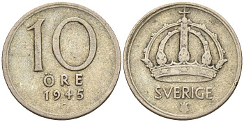 Швеция 10 эре 1945 G, Густав V (1907-1950) KM 813 серебро 4147-846