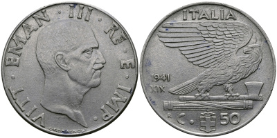 ИТАЛИЯ 50 ЧЕНТЕЗИМО 1941 R, ВИКТОР ИМАНУИЛ, XIX ГОД KM 76b нержавеющая сталь 98-143