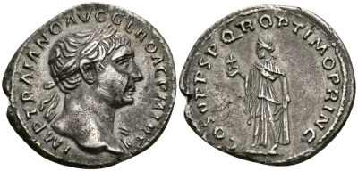 Римская Империя денарий 103 - 111 Траян COS V PP SPQR OPTIMO PRINC Спея, персонификация Надежды Рим Good Very fine RIC 127 серебро 1073-4-7-1