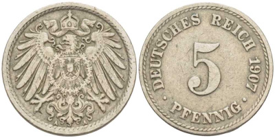 ГЕРМАНИЯ 5 ПФЕННИГОВ 1907 A KM 11, J. 12 медно-никель 105-128