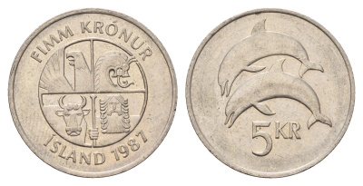 Исландия 5 крон 1987 дельфины KM 28 медно-никель 4589-252