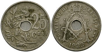 Бельгия 25 сантимов 1922 Belgique KM 68 медно-никель 4165-425