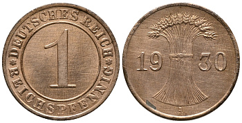 ГЕРМАНИЯ 1 РЕЙХСПФЕННИГ 1930 A KM 37, J. 313 бронза 39-1044