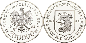Польша 200000 злотых 1993 750 лет основания города Щецин KM 255 серебро PROOF 00-000-00