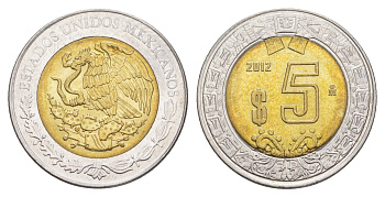 Мексика 5 песо 2012 Mo KM 605 биметалл UNC 4637-711