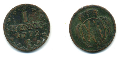 САКСОНИЯ 1 ПФЕННИГ 1772 C ФРИДРИХ KM 1000 медь 54-627