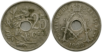 Бельгия 25 сантимов 1922 Belgique KM 68 медно-никель 4165-425