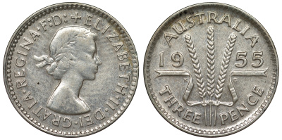 Австралия 3 пенса 1955 m, Елизавета II (1952-2022) KM 57 серебро 71-441