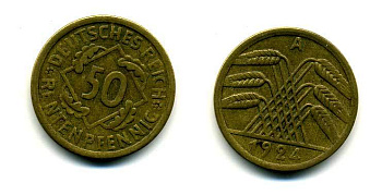 ГЕРМАНИЯ 50 РЕНТЕНПФЕННИГОВ 1924 A KM 34, J. 310 алюминиевая бронза 179-921