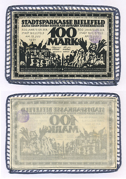 Германия, Билефельд 100 марок 1921 15 июля 1921, 700 лет городу Билефельду   шёлк  UNC 00-00