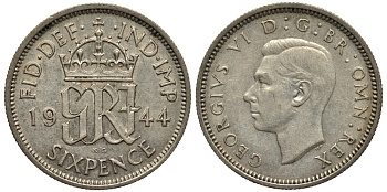 Великобритания 6 пенсов 1944 Георг VI (1936-1952) KM 852, Spink 4084 серебро 4538-533