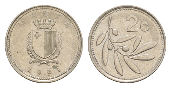 Мальта 2 цента 1991 оливковая ветвь KM 94 медно-никель 4644-1248