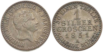 ПРУССИЯ 1 ГРОШ 1851 А, ФРИДРИХ ВИЛЬГЕЛЬМ IV (1840-1861) KM 435 серебро 201-632