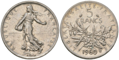 Франция 5 франков 1960 сеятель KM 926, Le Franc 340.4 серебро 4389-223