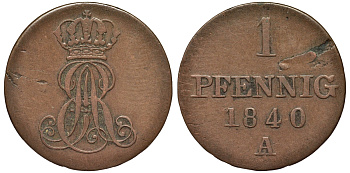 Ганновер 1 пфенниг 1840 A, Эрнст Август (1837-1851) KM 173.1, AKS 126, J. 54 медь 75-1627