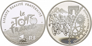 Франция 1 1/2 евро 2003 100 лет велогонкам Тур де Франс, велосипедисты и триумфальная арка KM 1322 серебро PROOF 1077-7-51