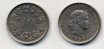 Швейцария 10 раппенов 1965 В KM 27 медно-никель 54-764