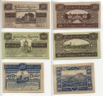 Австрия набор из 3 банкнот 1920 29 марта 1920, нотгельд, 10, 20, 50 геллеров, ST. GEOREN im ATTERGAU   бумага  XF 7555-4-1-1