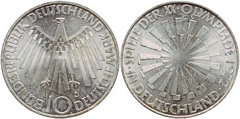 ФРГ 10 МАРОК 1972 D, ОЛИМПИАДА, СПИРАЛЬ J 401b, KM 134.1 серебро aUNC 1522-324