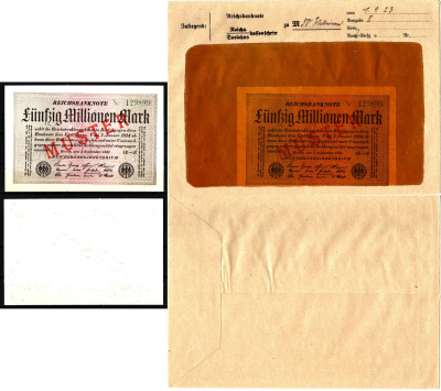 Германия 50000000 марок 1923 1 сентября, MUSTER, образец, Specimen. В оригинальном банковском конверте. Из коллекции Отто Сейфферта (помощник Ялмара Шахта - министра экономики Германии и президента Рейхсбанка времен третьего рейха) Pick 109 s, Grabowski D
