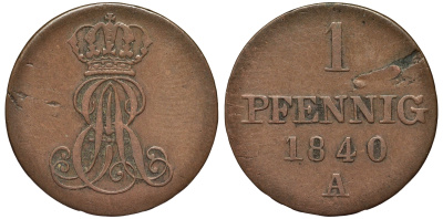 Ганновер 1 пфенниг 1840 A, Эрнст Август (1837-1851) KM 173.1, AKS 126, J. 54 медь 75-1627