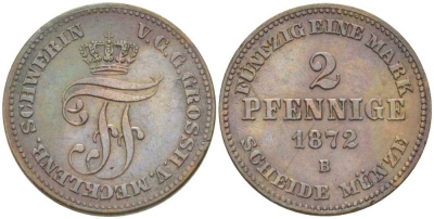 Мекленбург-Шверин 2 пфеннига 1872 В, Фридрих Франц II (1842-1883) KM 316 (С103), AKS 49, J.61 медь 206-266
