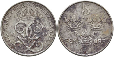 Швеция 5 эре 1947 Густав V (1907-1950) KM 812 железо 115-926