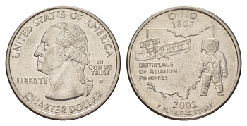 США 25 центов (квотер, 1/4 доллара) 2002 D, Квотер штата Огайо KM 332 медь плакированный медно-никелем UNC 4628-1217