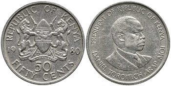 Кения 50 центов 1980 Дэниэл арап Мои KM 19 медно-никель 110-622