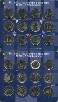 Европа официальный набор из 12 монет по 1 евро 2002 первые 12 стран Евросоюза, в пластике биметалл UNC 1-4-2-06