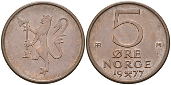 Норвегия 5 эре 1977 Улаф V (1958-1991) KM 415 бронза UNC 4582-544