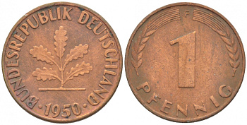ФРГ 1 ПФЕННИГ 1950 F KM 105, J.380 сталь плакированная медью 4396-1515