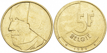 БЕЛЬГИЯ 5 ФРАНКОВ 1986 BELGIE KM 164 латунь или алюминиевая бронза 68-243