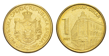 Сербия 1 динар 2021 KM 54 сталь плакированная латунью UNC 4649-112