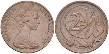 АВСТРАЛИЯ 2 ЦЕНТА 1977 ЕЛИЗАВЕТА II, МОЛОДОЙ ПОРТРЕТ, ПЛАЩЕНОСНАЯ ЯЩЕРИЦА (FRILLED LIZARD) KM 63 бронза 119-1142