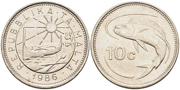 Мальта 10 центов 1986 золотая макрель KM 76 медно-никель 4588-144