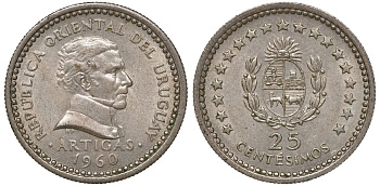 Уругвай 25 сентесимо 1960 KM 40 медно-никель 4169-923
