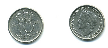 Нидерланды 10 центов 1948 Вильгельмина (1895-1948) KM 177 никель 54-1128