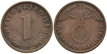 Германия 1 рейхспфенниг 1939 A KM 89, J. 361 бронза 4147-1164