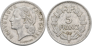 Франция 5 франков 1947 В, закрытая "9", мондвор Бомон-ле-Роже KM 888b.2 алюминий 4593-416