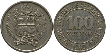 Перу 100 солей 1980 KM 283, Schon 84 медно-никель 4565-534