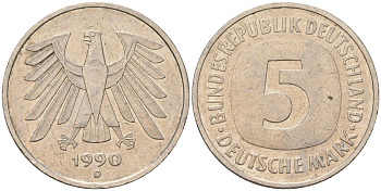 ФРГ 5 марок 1990 D KM 140.1 медно-никель 4557-646