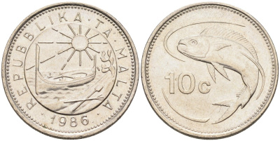 Мальта 10 центов 1986 золотая макрель KM 76 медно-никель 4588-144