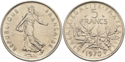 Франция 5 франков 1970 сеятель, тип Semeuse KM 926a.1, Le Franc 341.2 медно-никель плакированный никелем 63-542