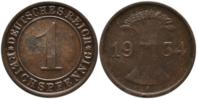 ГЕРМАНИЯ 1 РЕЙХСПФЕННИГ 1934 А KM 37, J.313 бронза 179-648