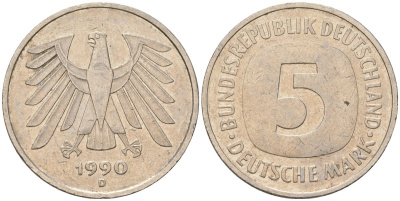 ФРГ 5 марок 1990 D KM 140.1 медно-никель 4557-646