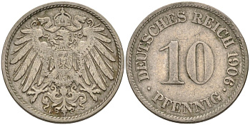 Германия 10 пфеннигов 1906 F KM 12, J. 13 медно-никель 4575-613
