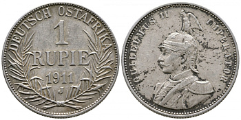 Немецкая Восточная Африка (Танзания) 1 рупия 1911 J, Вильгельм II (1888-1918) KM 10, J. 722 серебро 5010-342