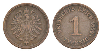 Германия 1 пфенниг 1889 A, Вильгельм II (1888-1918) KM 1, J. 1 медь 4639-1066